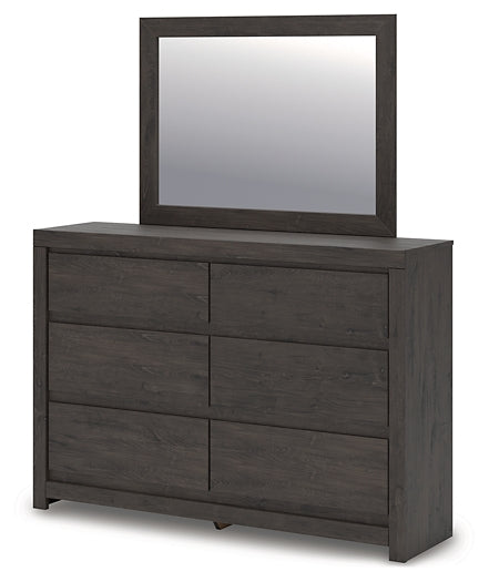 Fraluna King Panel Bed with Mirrored Dresser and Nightstand
